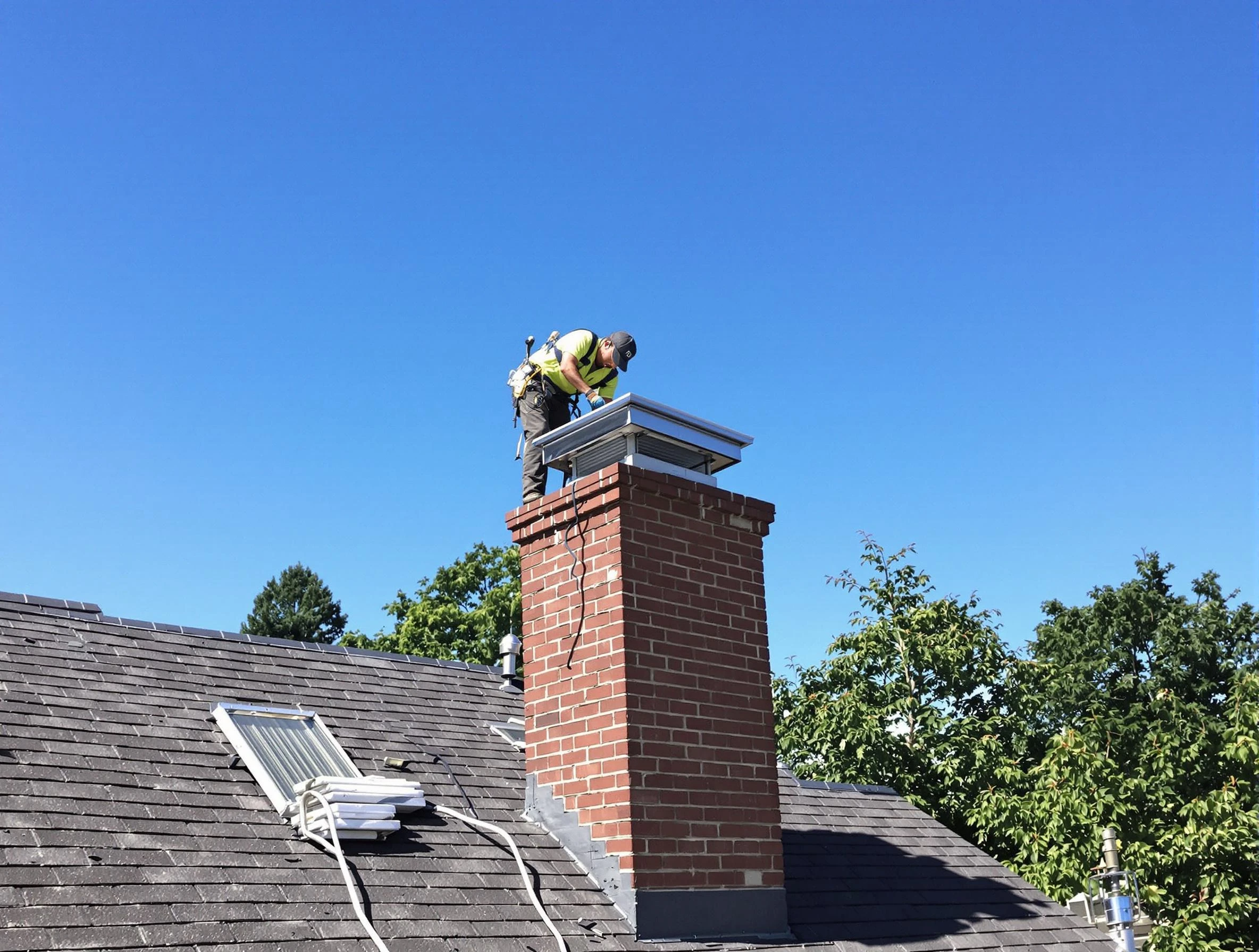 Mesa Chimney Sweep technician measuring a chimney cap in Mesa, AZ