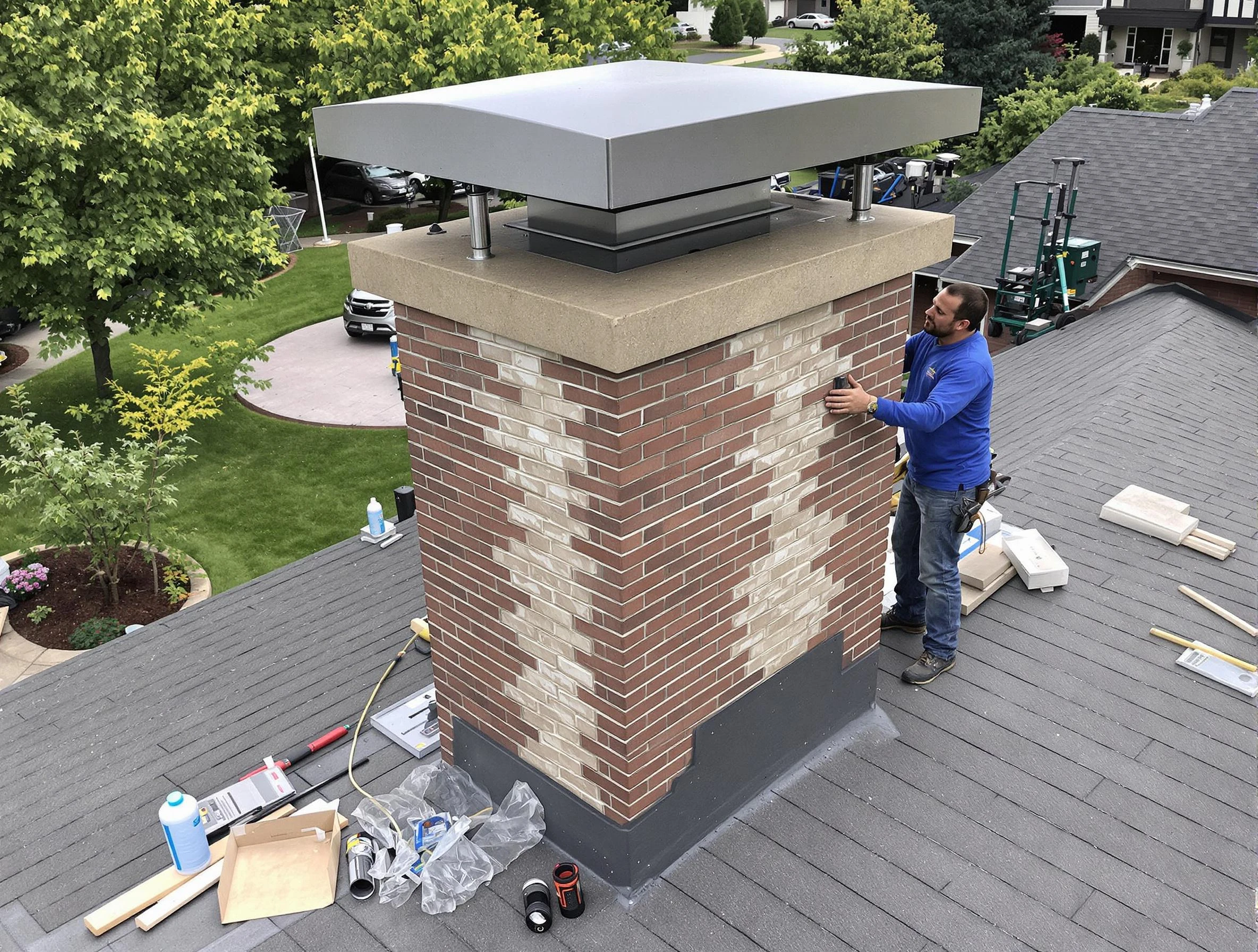Mesa Chimney Sweep team working on a custom chimney remodel in Mesa, AZ